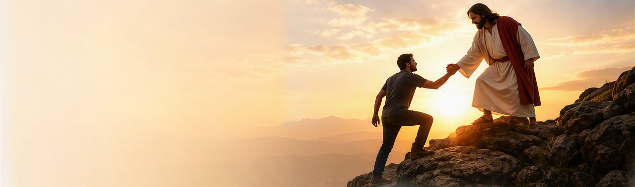 Jesus reaching down to help a man climb a rocky mountain at sunrise